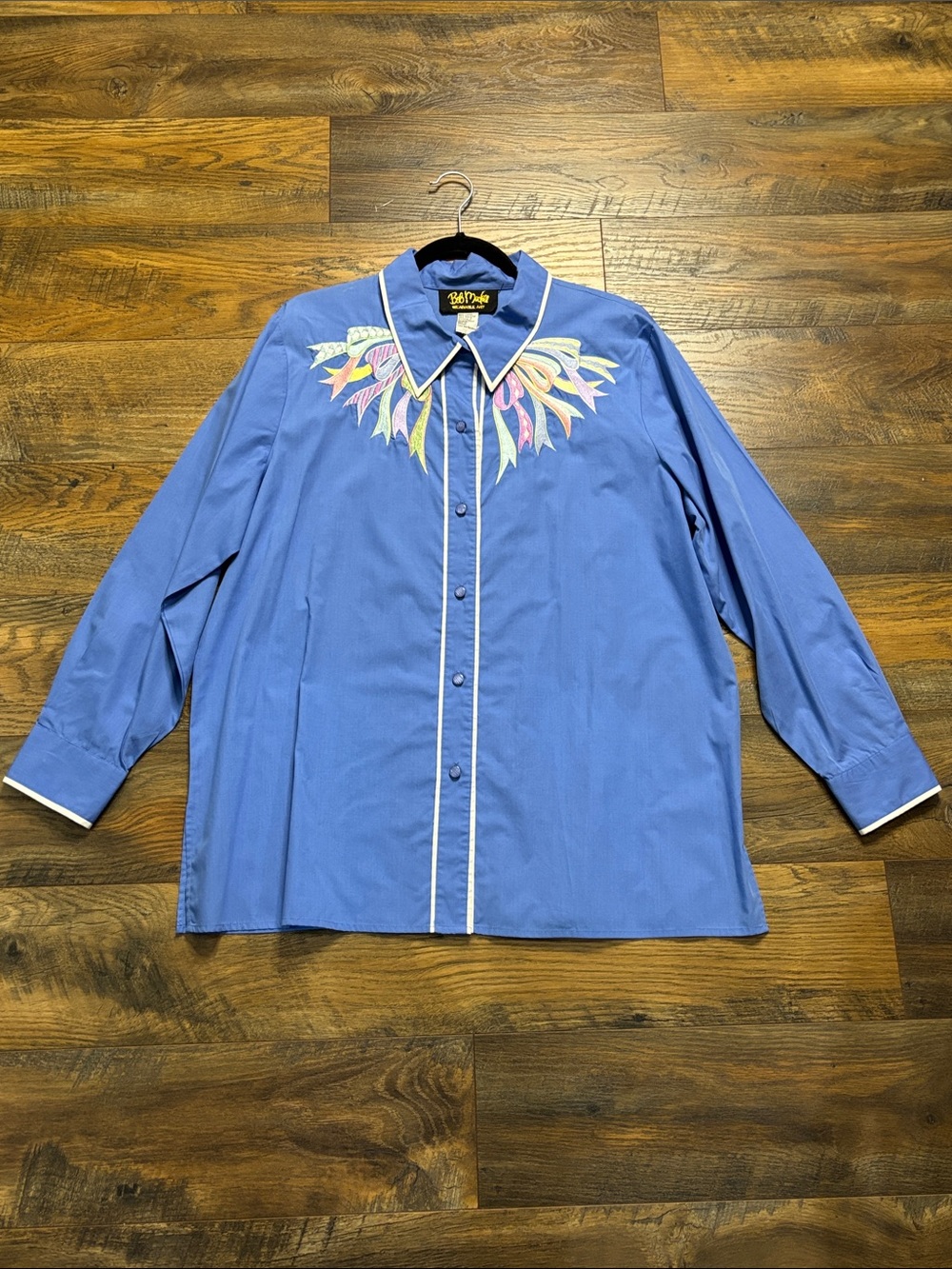 Bob Mackie Blue Button-Down Shirt with Pastel Embroidered Yoke